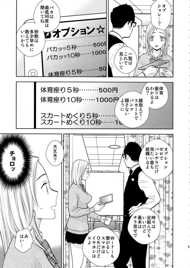 【エロ同人誌】仕切られた隙間から制服姿でパンチラを見せるだけでいいという怪しいバイトを始めた巨乳JK。【無料 エロ漫画】 (4)